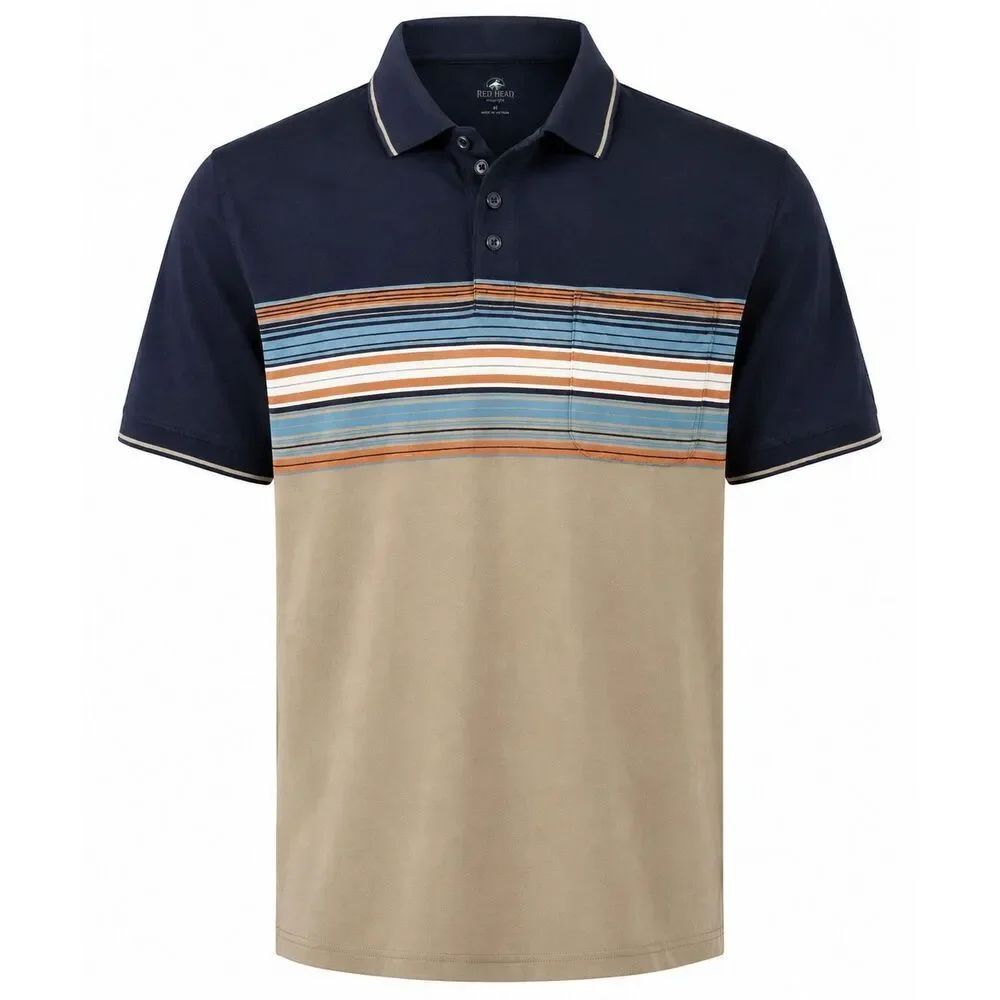 RedHead Mens Striped Polo Shirt Size L Blue Tan Short Sleeve Casual Golf Shirt